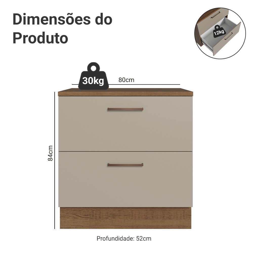 Balcão 80 cm 2 Gavetas Rustic/Crema Agata Madesa