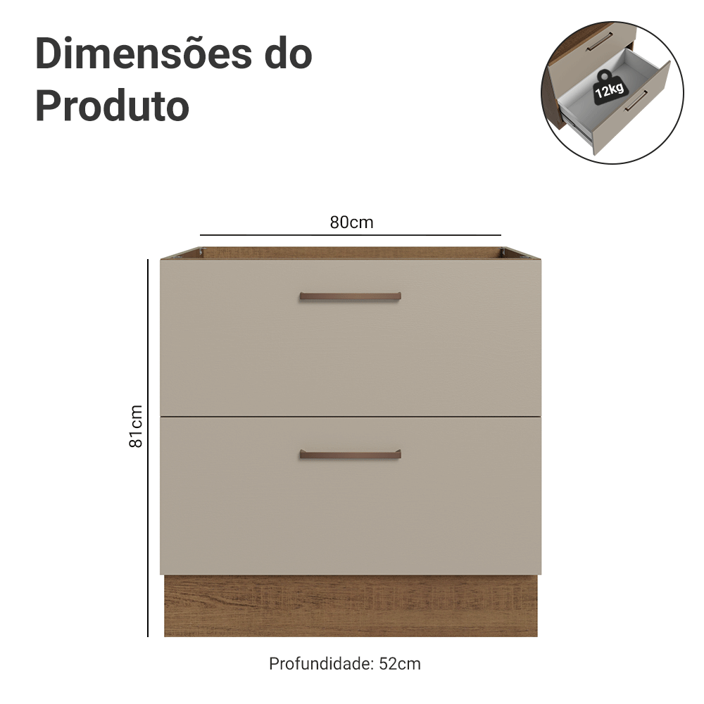 Balcão de Cozinha 80 cm 2 Gavetas (Sem Tampo) Rustic/Crema Agata Madesa