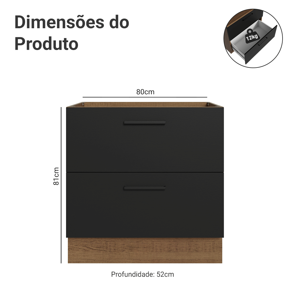 Balcão de Cozinha 80 cm 2 Gavetas (Sem Tampo) Rustic/Preto Agata Madesa