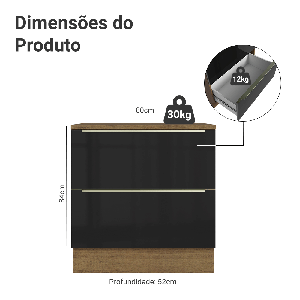 Balcão de Cozinha 80 cm 2 Gavetas Rustic/Preto Lux Madesa
