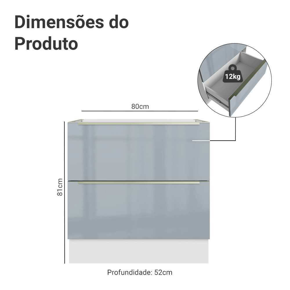Balcão de Cozinha 80 cm 2 Gavetas (Sem Tampo) Branco/Cinza Lux Madesa