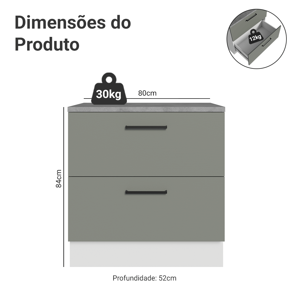 Balcão 80 cm 2 Gavetas Branco/Cinza Agata Madesa