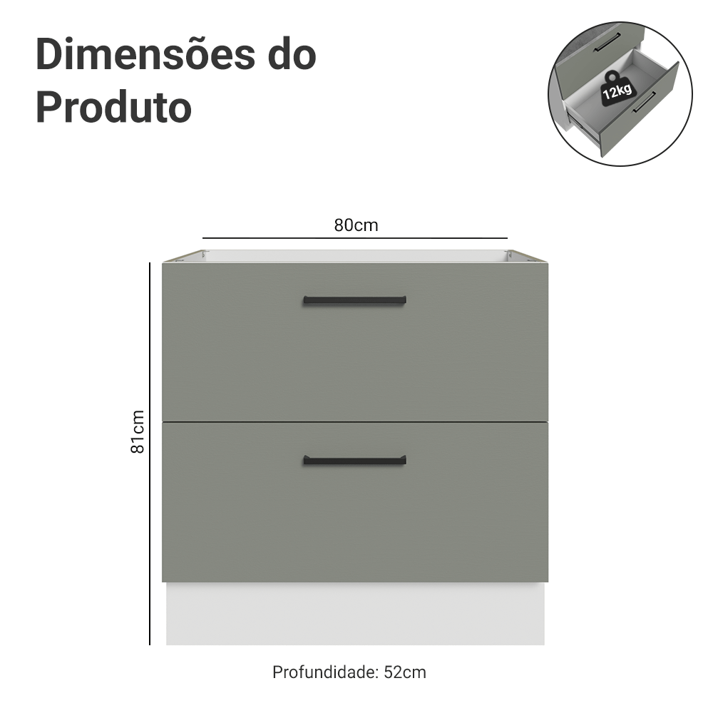 Balcão de Cozinha 80 cm 2 Gavetas (Sem Tampo) Branco/Cinza Agata Madesa