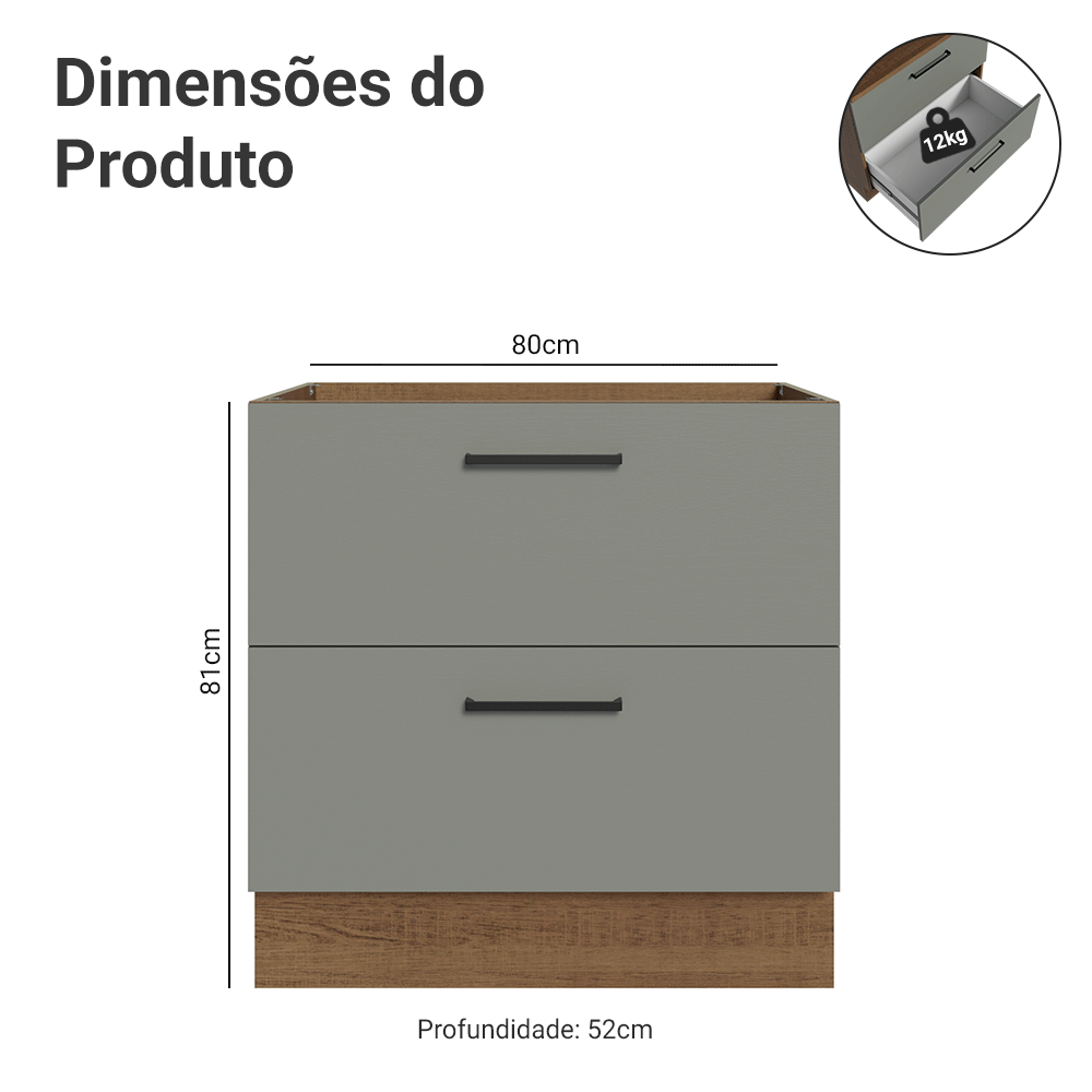 Balcão de Cozinha 80 cm 2 Gavetas (Sem Tampo) Rustic/Cinza Agata Madesa
