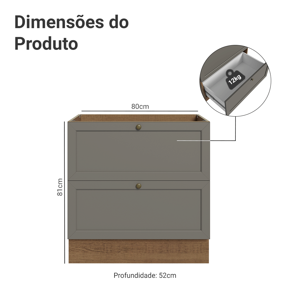 Balcão de Cozinha 80 cm 2 Gavetas (Sem Tampo) Rustic/Cinza Vik Madesa