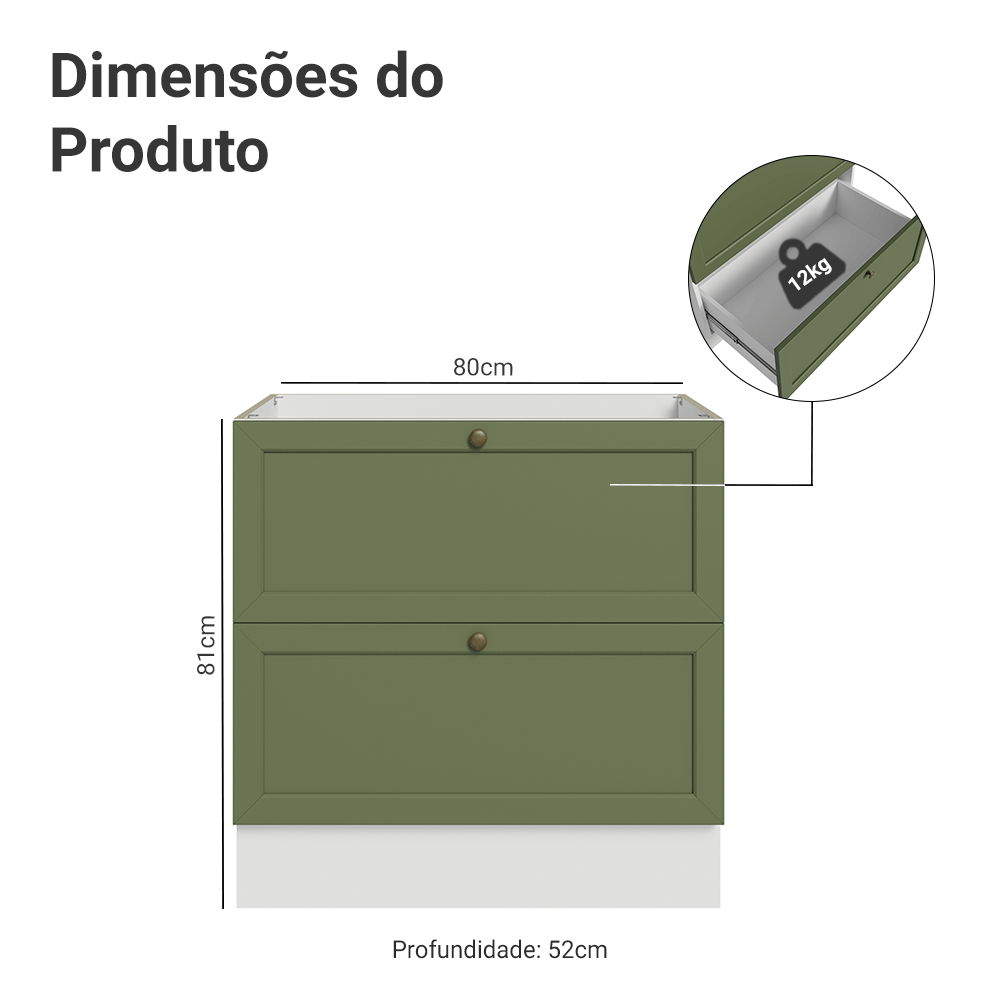 Balcão de Cozinha 80 cm 2 Gavetas (Sem Tampo) Branco/Verde Vik Madesa