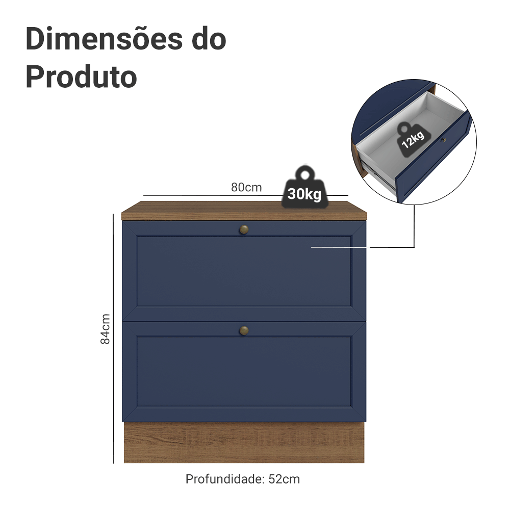 Balcão de Cozinha 80 cm 2 Gavetas Rustic/Azul Vik Madesa