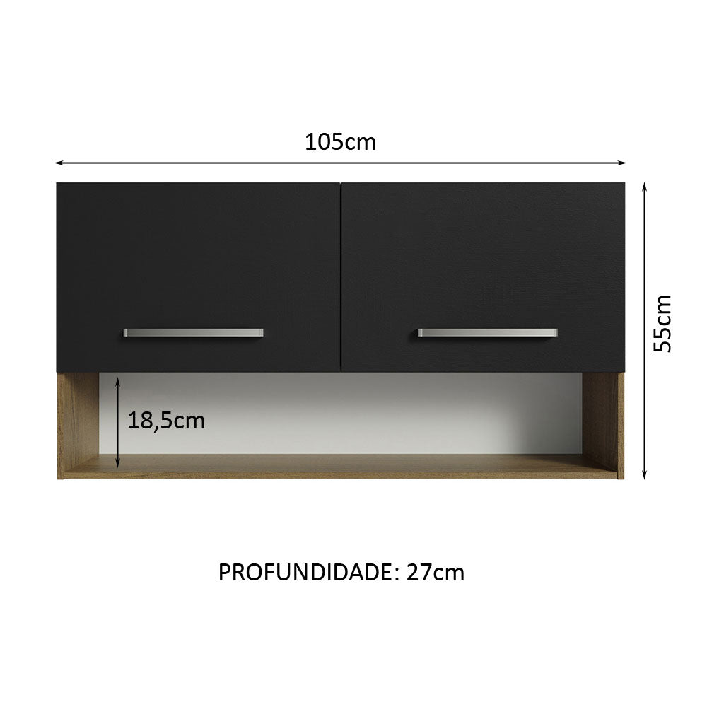 Armário Aéreo Cozinha 105cm 2 Portas 1 Nicho Rustic/Preto Emilly Madesa
