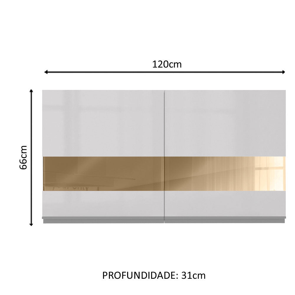 Armário Aéreo Madesa Acordes 100% MDF 120 cm 2 Portas Vidro Reflex Branco Brilho
