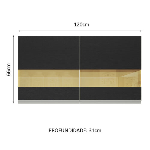 Armário Aéreo 100% MDF 120 cm 2 Portas Vidro Reflex Branco/Preto Acordes Madesa