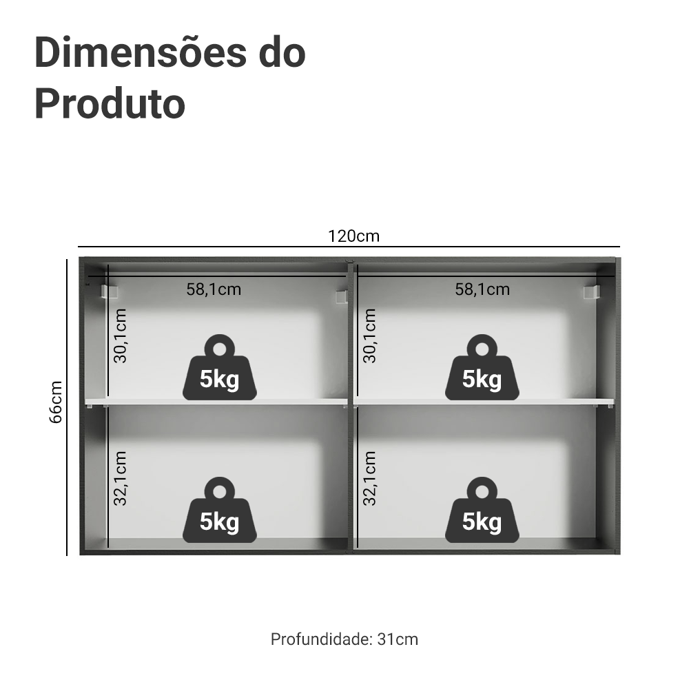 Armário Aéreo Madesa Reims 120 cm 2 Portas Preto