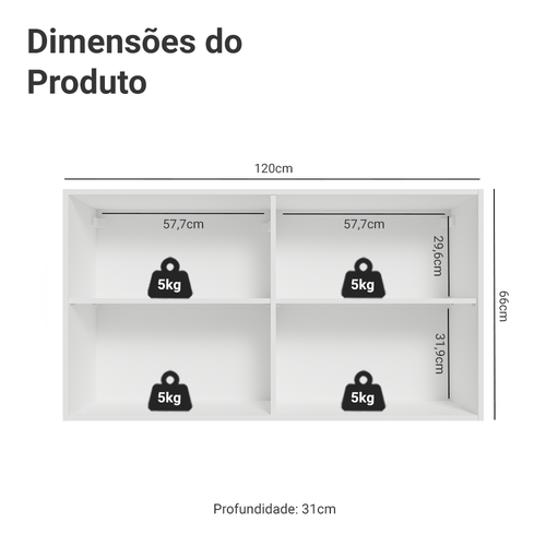 Armário Aéreo Madesa Lux 120 cm 2 Portas Branco/Branco Veludo
