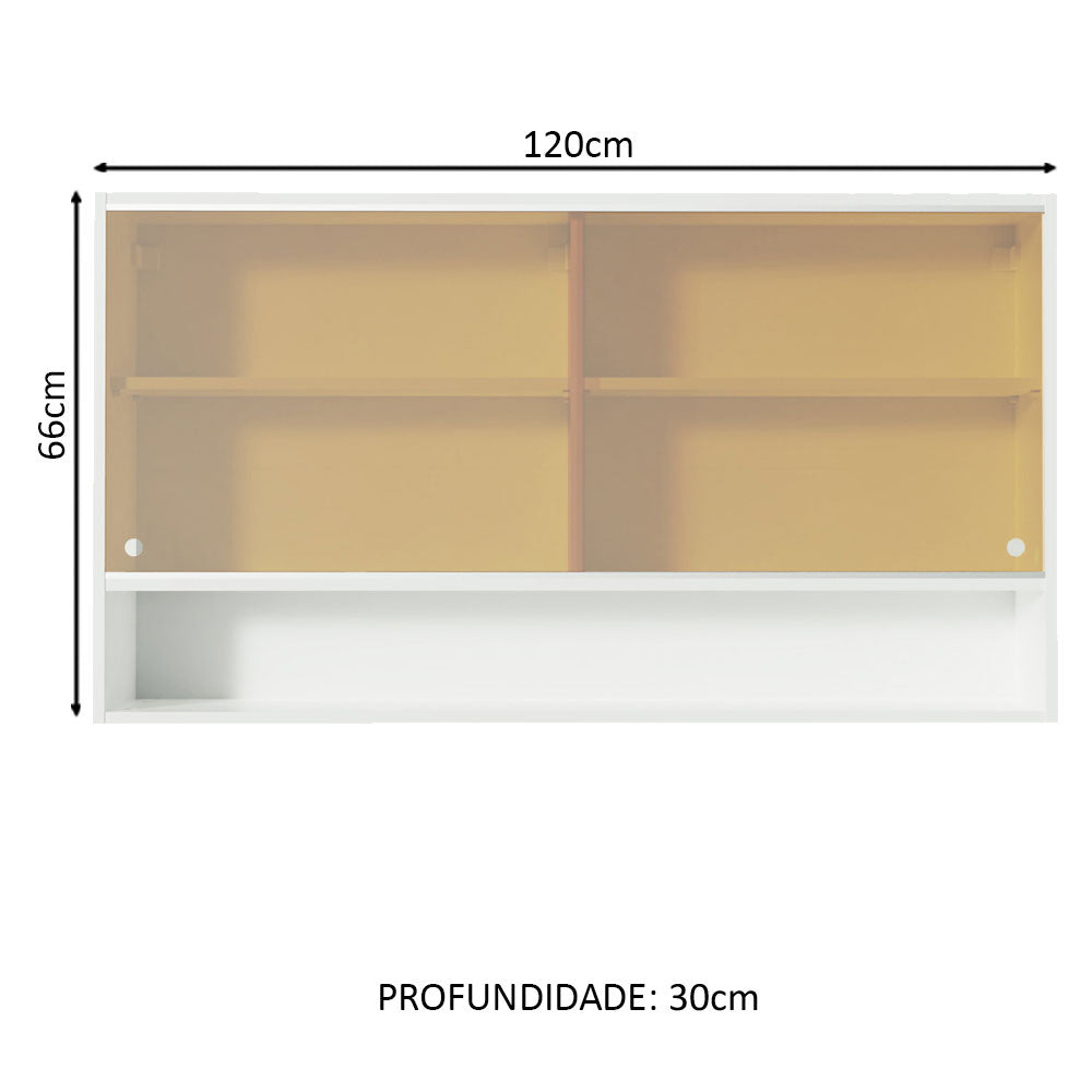 Armário Aéreo 2 Portas de Correr de Vidro Reflex e 1 Nicho para Cozinhas Glamy, Lux, Agata e Reims Madesa Branco