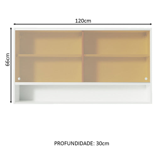 Armário Aéreo 2 Portas de Correr de Vidro Reflex e 1 Nicho para Cozinhas Glamy, Lux, Agata e Reims Madesa Branco