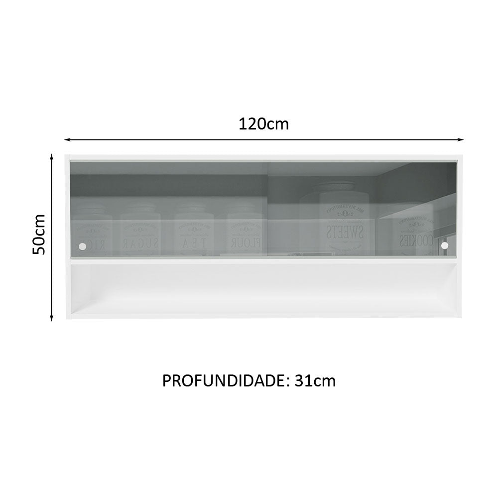 Armário Aéreo 120cm 2 Portas Correr Vidro Neutral 1 Nicho Branco para Cozinhas Glamy, Lux e Reims Madesa