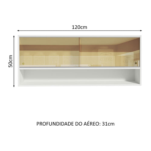 Armário Aéreo Madesa 120cm 2 Portas Correr Vidro Reflex 1 Nicho para Cozinhas Glamy, Lux e Reims Branco
