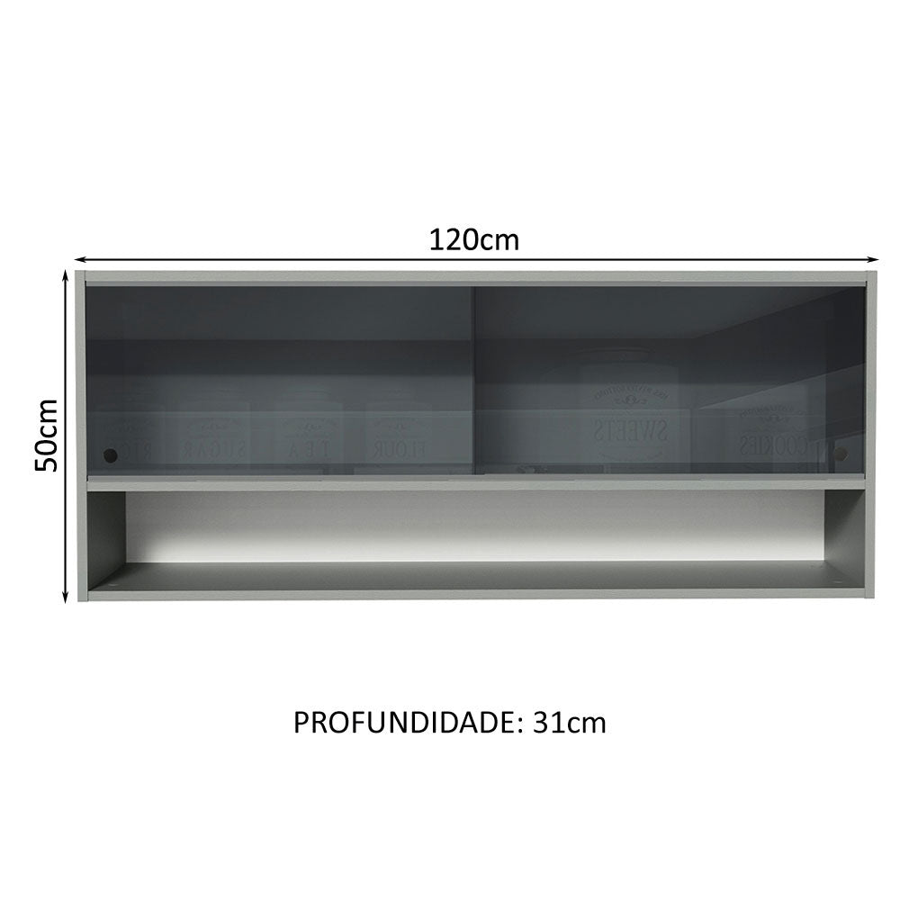 Armário Aéreo 2 Portas de Correr de Vidro Neutral e 1 Nicho Cinza Nice Madesa