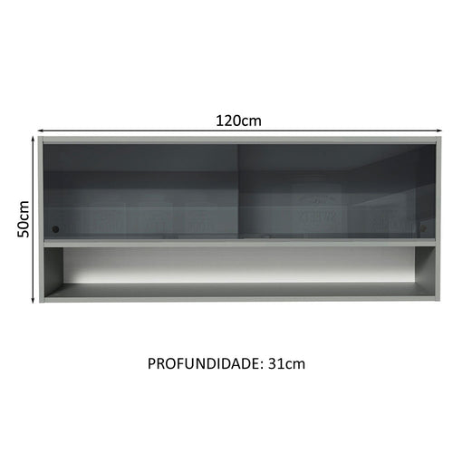 Armário Aéreo 2 Portas de Correr de Vidro Neutral e 1 Nicho Cinza Nice Madesa