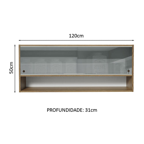 Armário Aéreo 120cm 2 Portas Correr Vidro Neutral 1 Nicho Rustic para Cozinhas Glamy, Lux e Reims Madesa