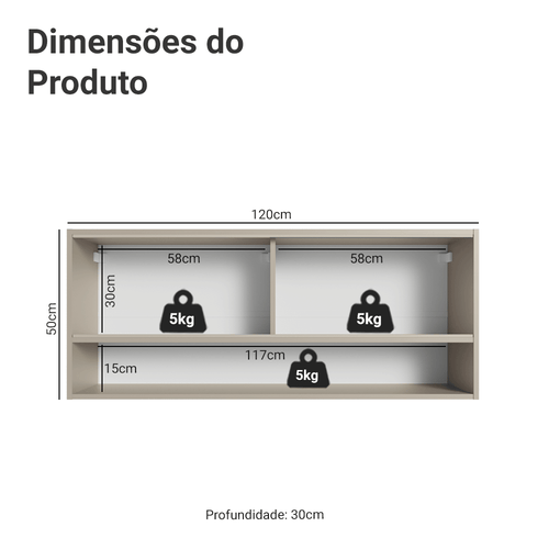 Armário Aéreo 2 Portas de Correr de Vidro Reflex e 1 Nicho Crema Nice Madesa