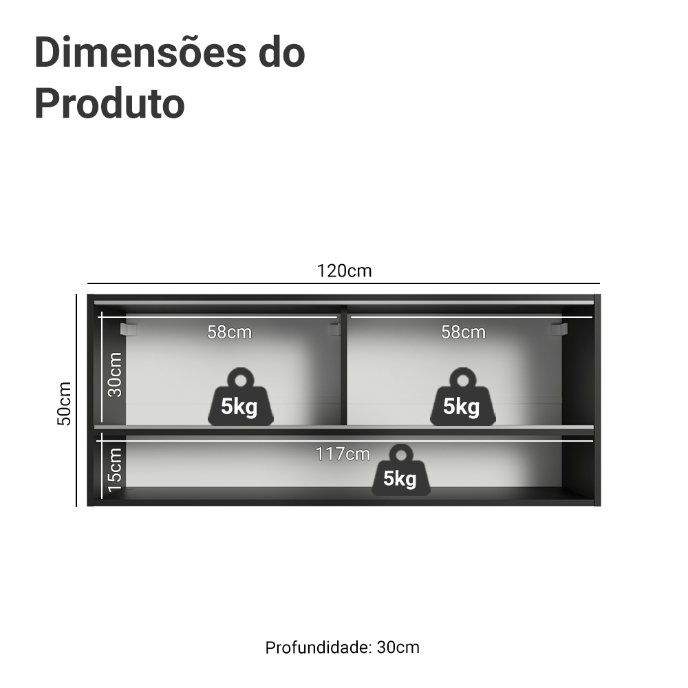 Armário Aéreo 2 Portas de Correr de Vidro Pontilhado e 1 Nicho Preto Madesa