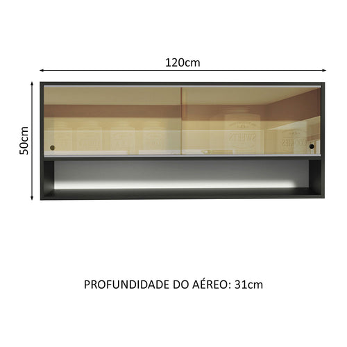 Armário Aéreo Madesa Reims 120cm 2 Portas de Correr de Vidro Reflex 1 Nicho Preto