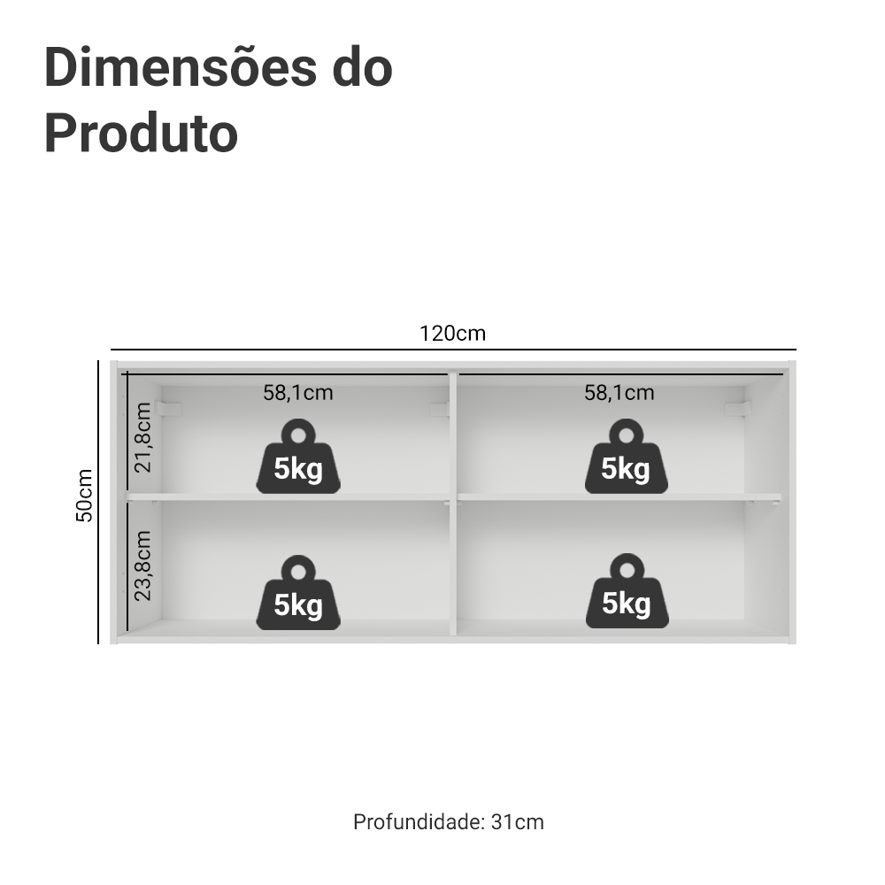 Armário Aéreo de Cozinha com 2 Portas 120 cm Branco Pieta Madesa