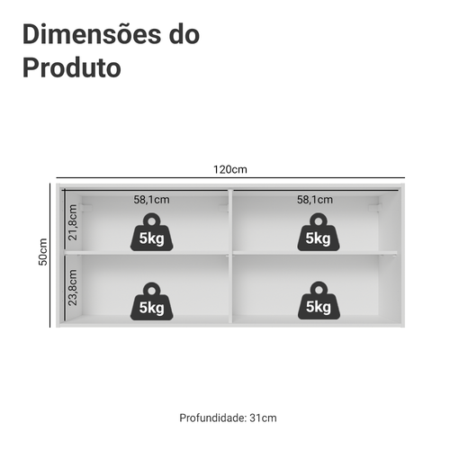 Armário Aéreo de Cozinha com 2 Portas 120 cm Branco Pieta Madesa