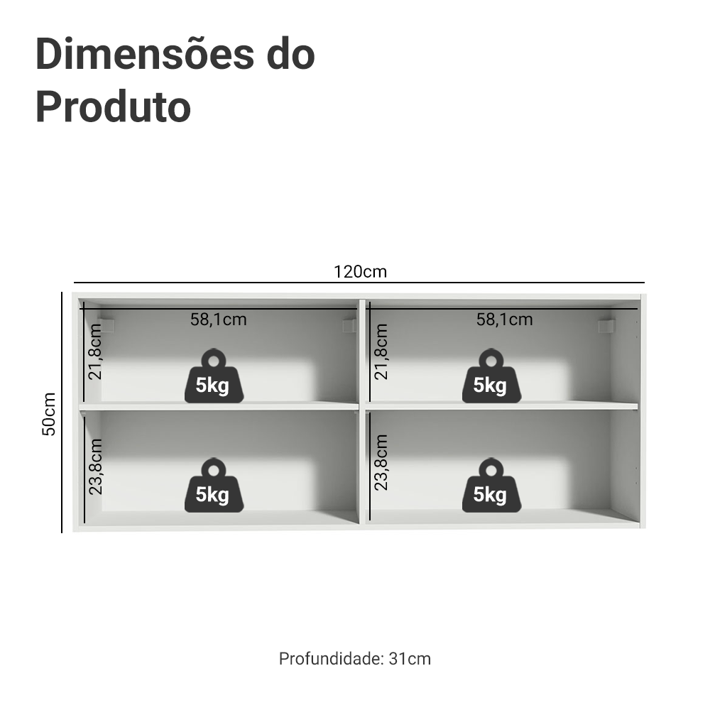 Armário Aéreo 120 x 50 cm 2 Portas Branco Madesa Reims