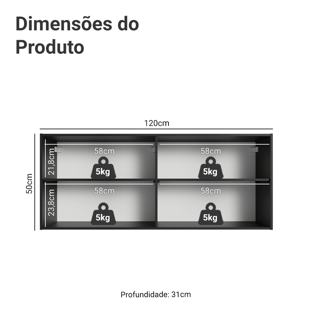Armário Aéreo 120 cm 2 Portas Preto Nice Madesa