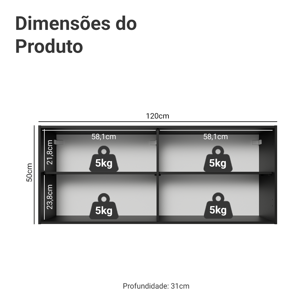 Armário Aéreo de Cozinha com 2 Portas 120 cm Preto Pieta Madesa
