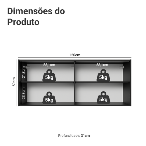 Armário Aéreo de Cozinha com 2 Portas 120 cm Preto Pieta Madesa