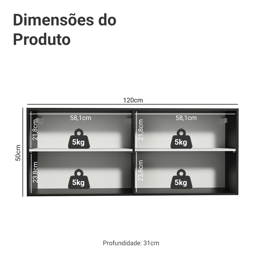 Armário Aéreo de Cozinha 120 x 50 cm 2 Portas Preto Madesa Reims