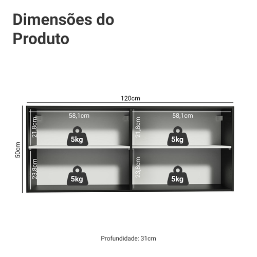 Armário Aéreo de Cozinha 120 x 50 cm 2 Portas Preto Madesa Reims
