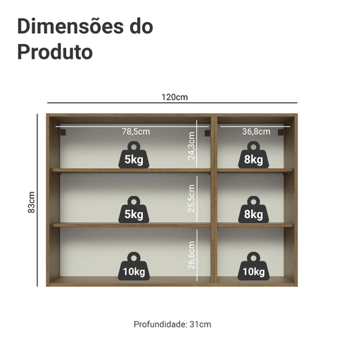Armário Aéreo Madesa Lux 120 cm 3 Portas Rustic/Preto