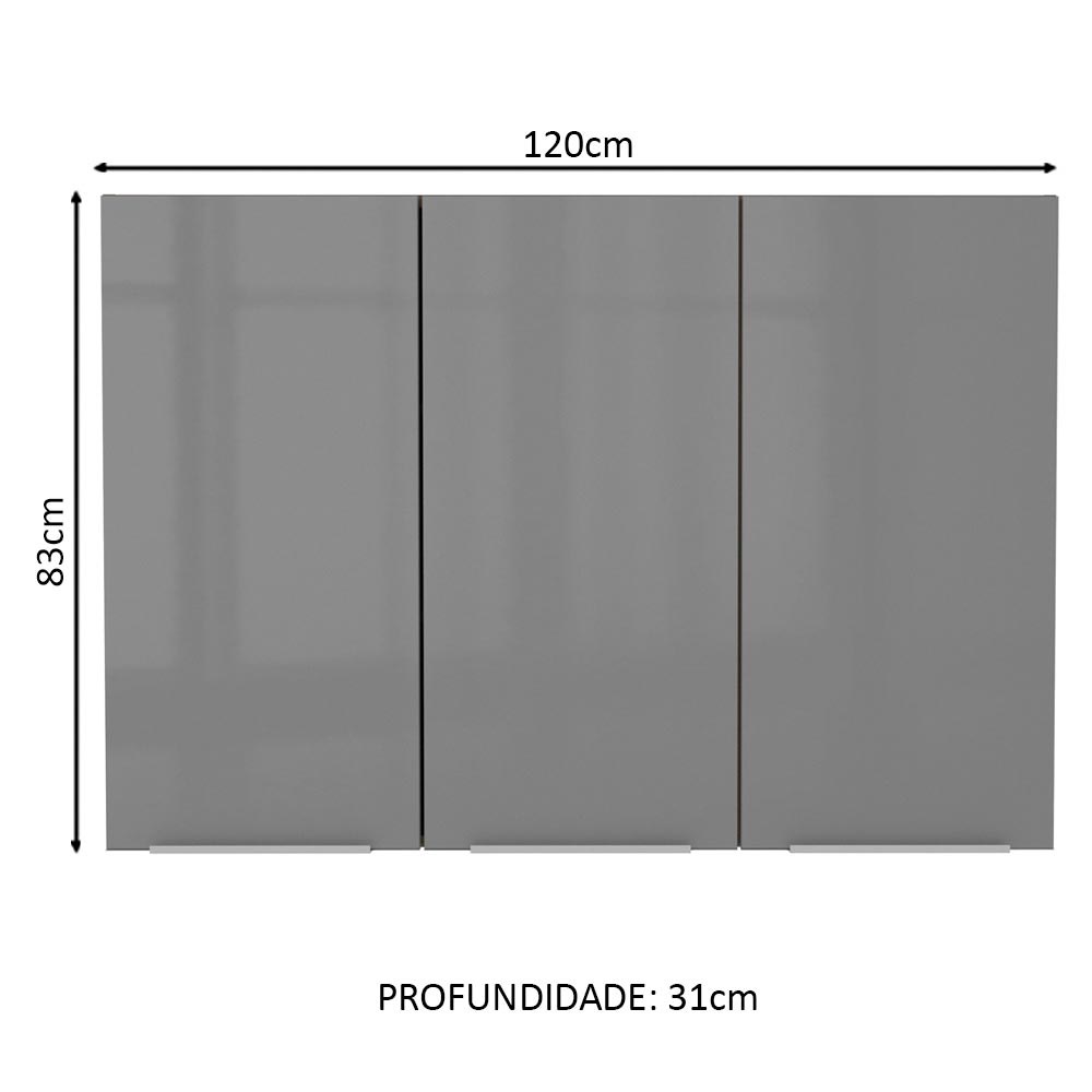 Armário Aéreo Madesa Lux 120 cm 3 Portas Rustic/Cinza