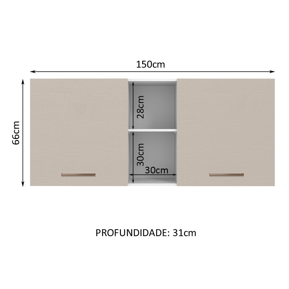 Armário Aéreo 150 cm 2 Portas e 2 Nichos Branco/Crema Agata Madesa
