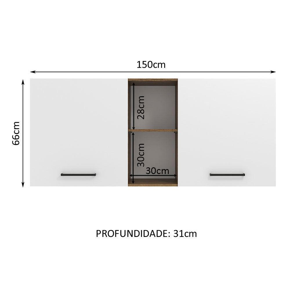 Armário Aéreo Madesa Agata 150 cm 2 Portas e 2 Nichos Rustic/Branco