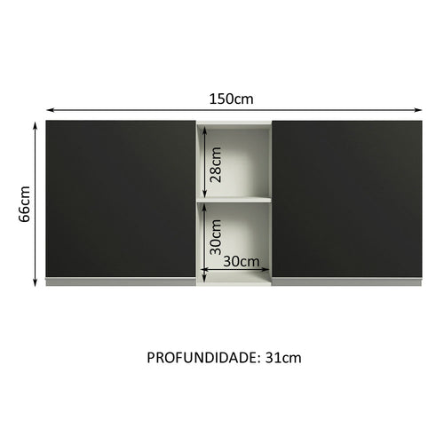 Armário Aéreo Madesa Glamy 150 cm 2 Portas e 2 Nichos Branco/Preto