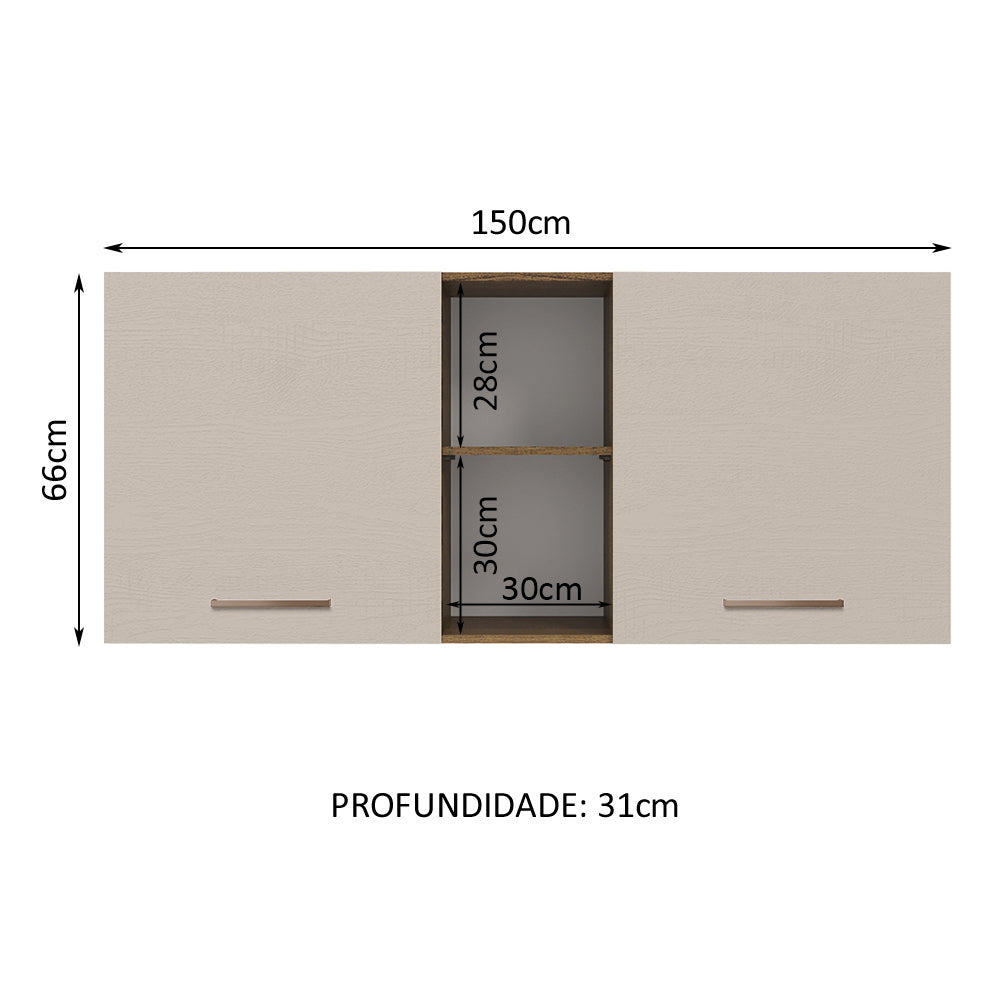 Armário Aéreo 150 cm 2 Portas e 2 Nichos Rustic/Crema Agata Madesa