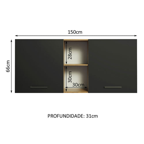 Armário Aéreo Madesa Agata 150 cm 2 Portas e 2 Nichos Rustic/Preto