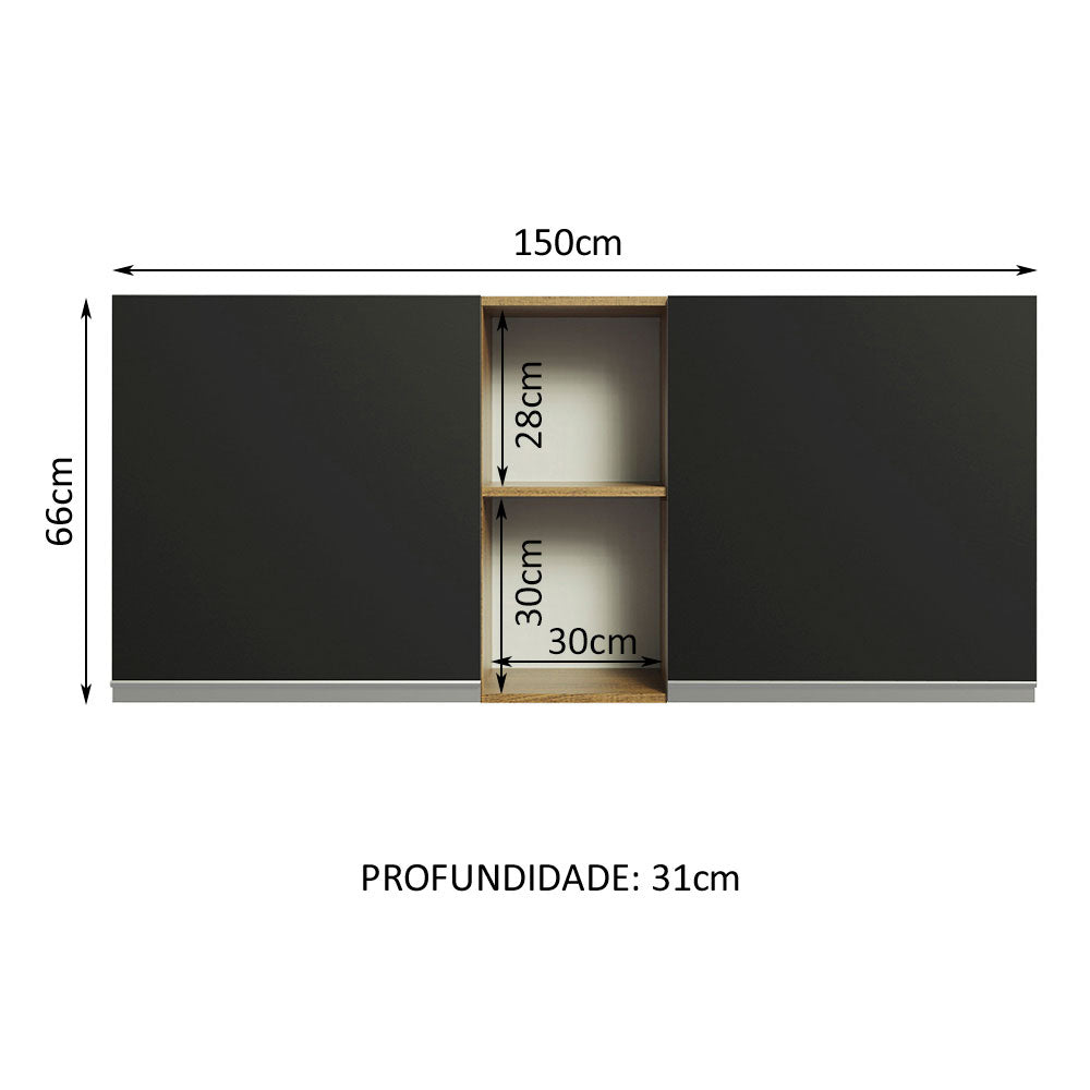 Armário Aéreo Madesa Glamy 150 cm 2 Portas e 2 Nichos Rustic/Preto