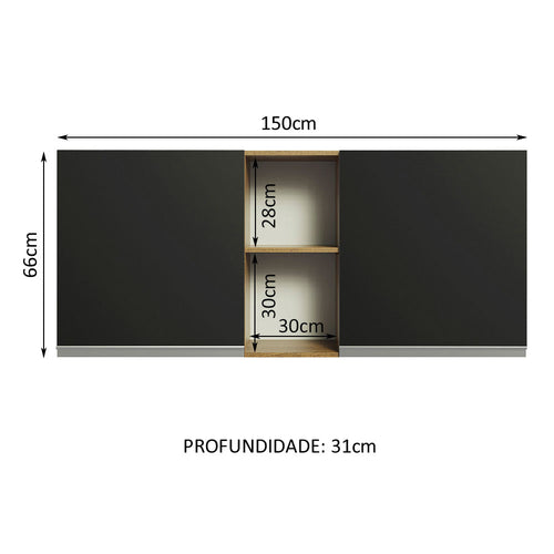 Armário Aéreo Madesa Glamy 150 cm 2 Portas e 2 Nichos Rustic/Preto