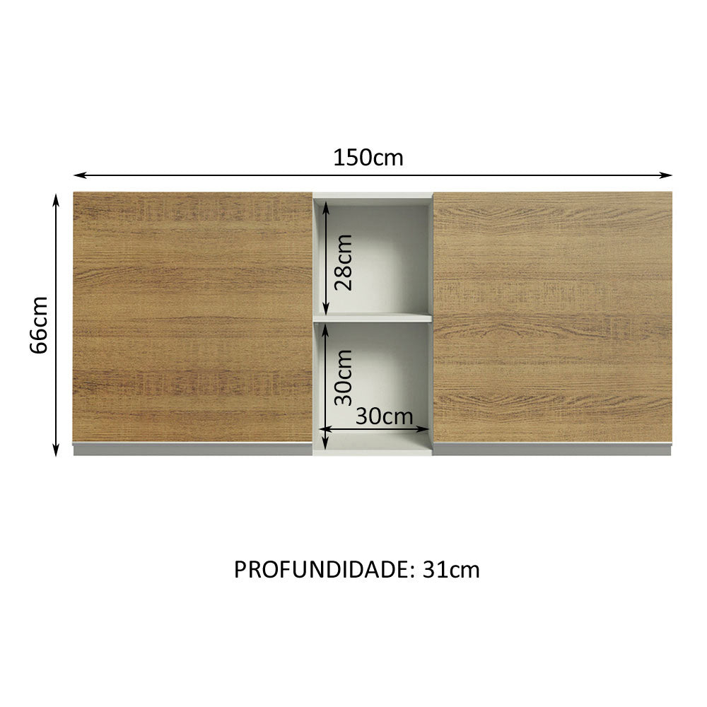 Armário Aéreo Madesa Glamy 150 cm 2 Portas e 2 Nichos Branco/Rustic
