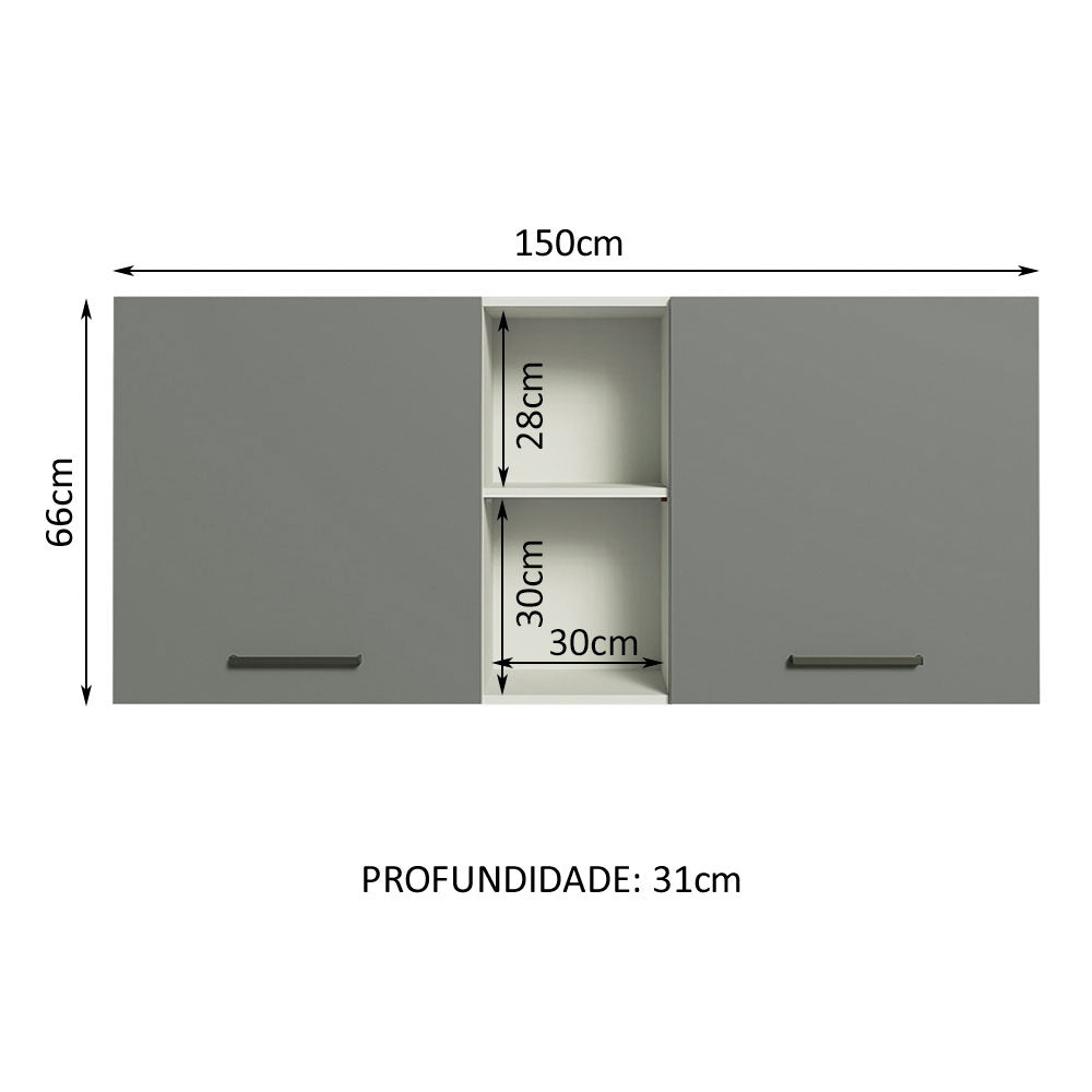 Armário Aéreo Madesa Agata 150 cm 2 Portas e 2 Nichos Branco/Cinza
