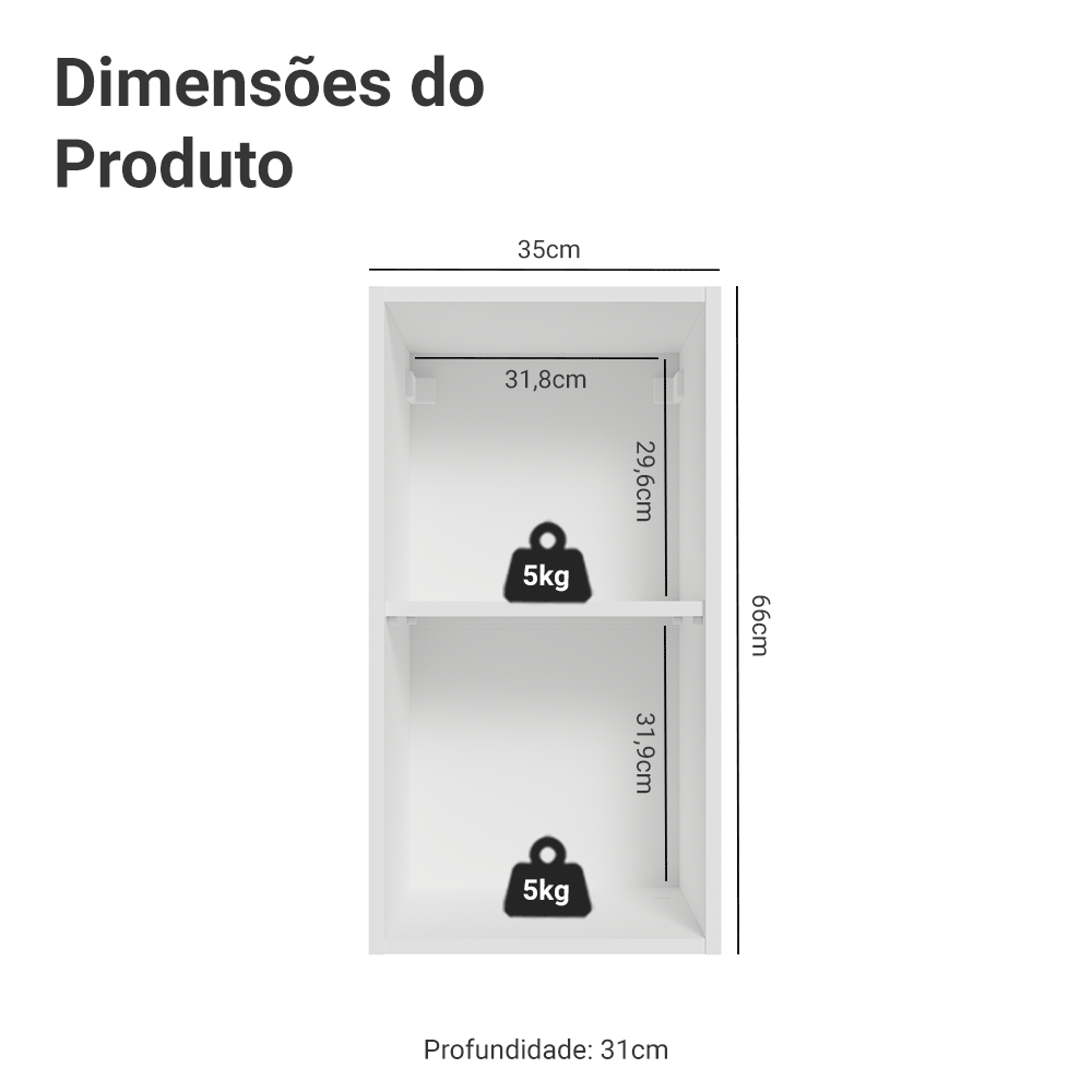 Armário Aéreo Madesa Lux 35 cm 1 Porta Branco/Branco Veludo
