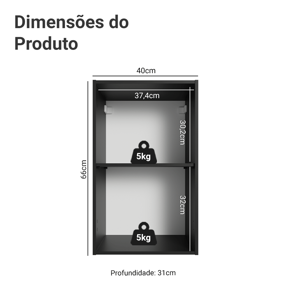 Armário Aéreo 40 cm 1 Porta Preto Nice Madesa