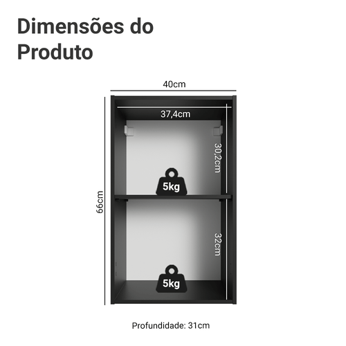 Armário Aéreo 40 cm 1 Porta Preto Nice Madesa