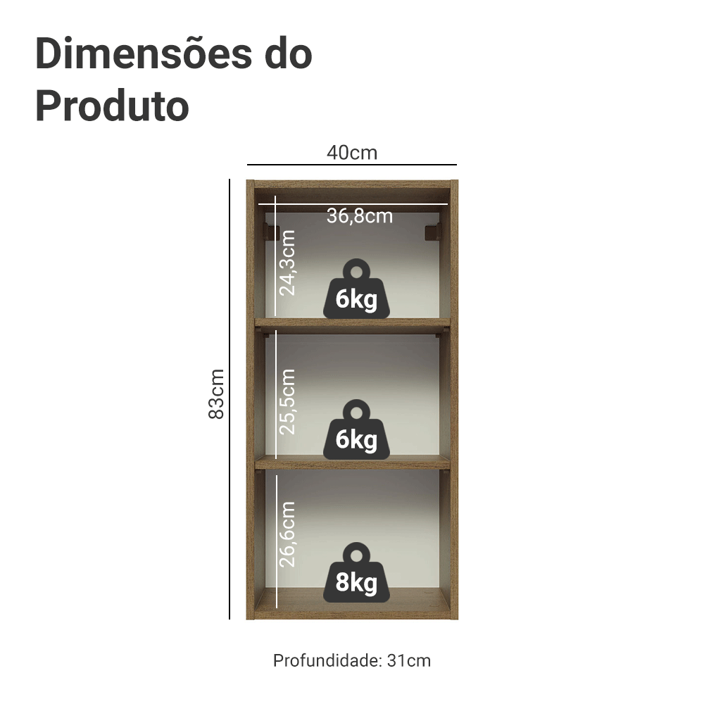 Armário Aéreo Madesa Lux 40 x 83 cm 1 Porta Rustic/Cinza | Madesa