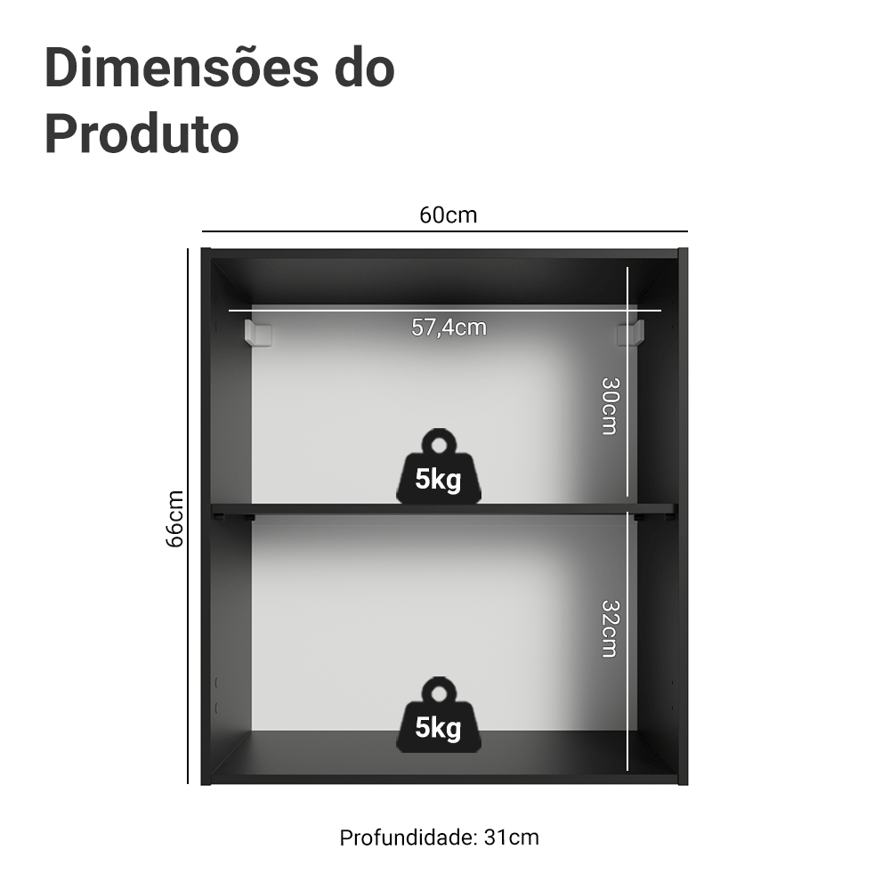 Armário Aéreo 60 cm 1 Porta Preto Nice Madesa